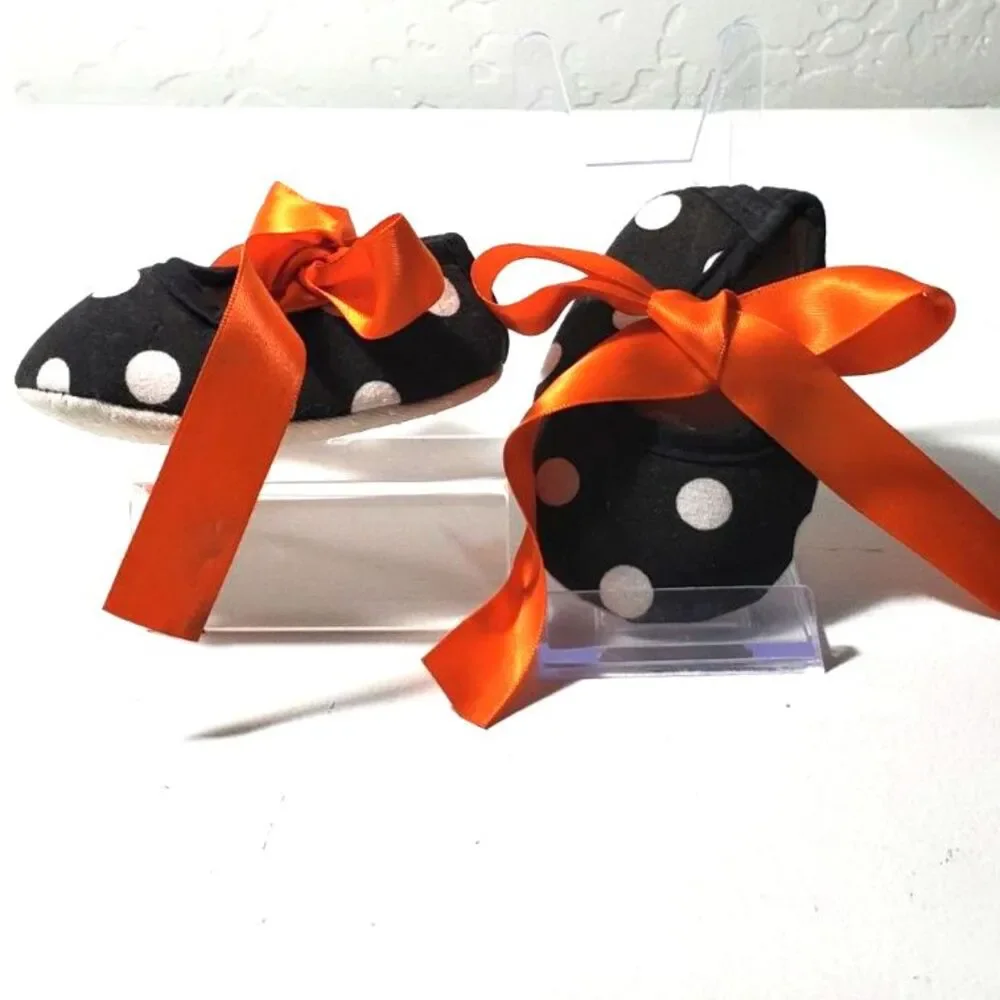 Halloween Costume Baby Shoes Black and White Polka Dot with Orange Ribbon